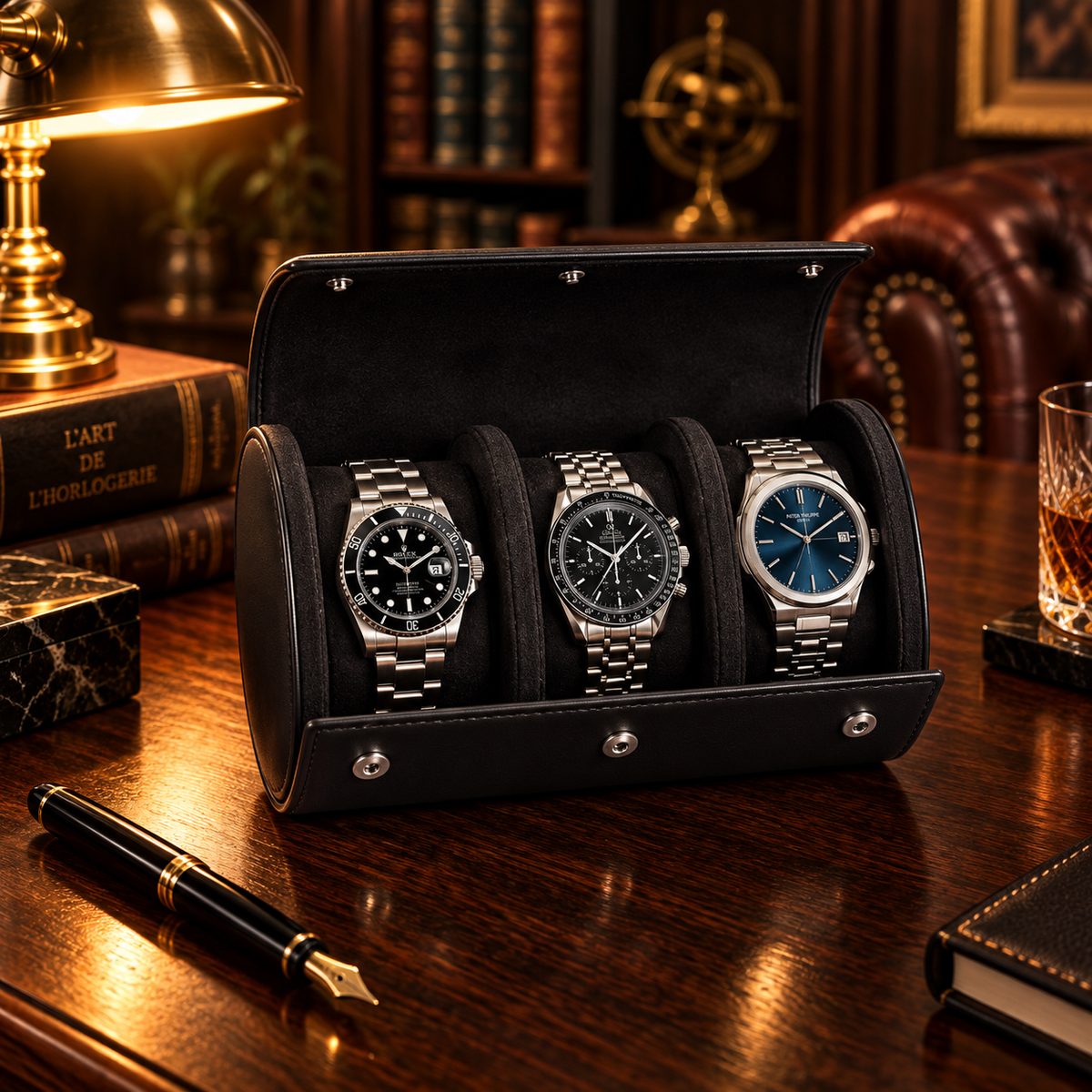 Étui Rouleau à Montres en Cuir Noir 1 à 3 Montres