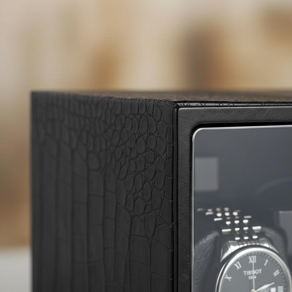 Boite remontoir 2slot black leather   macro detail