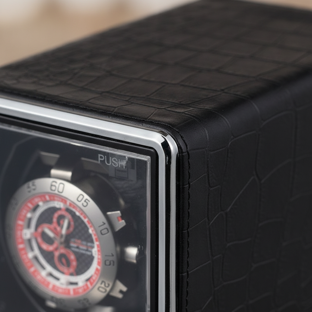 Boite remontoir black leather   macro detail