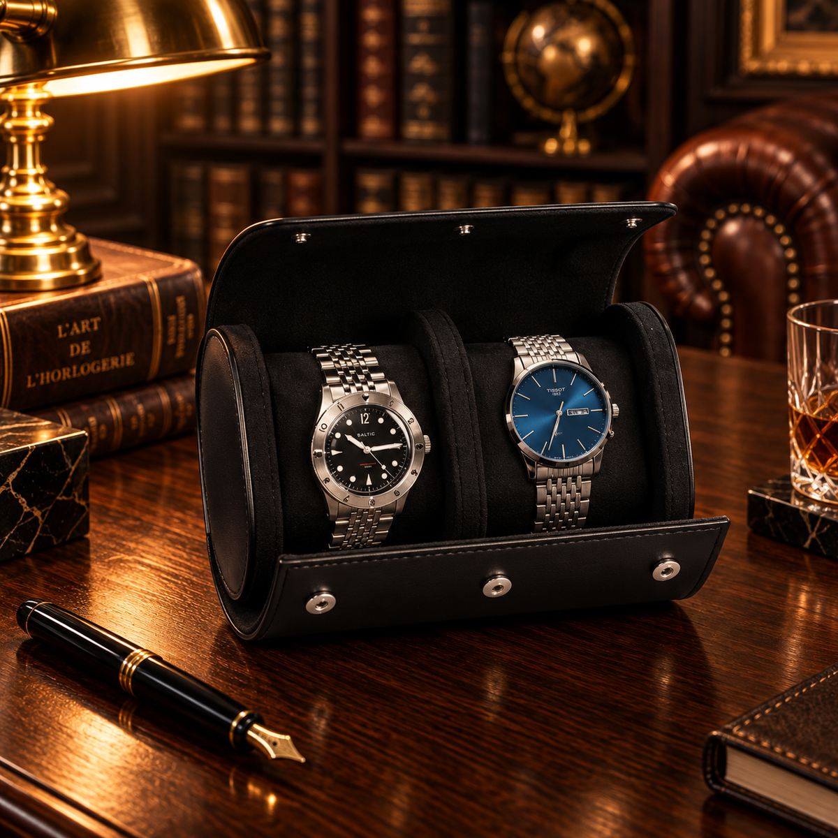 Étui Rouleau à Montres en Cuir Noir 1 à 3 Montres