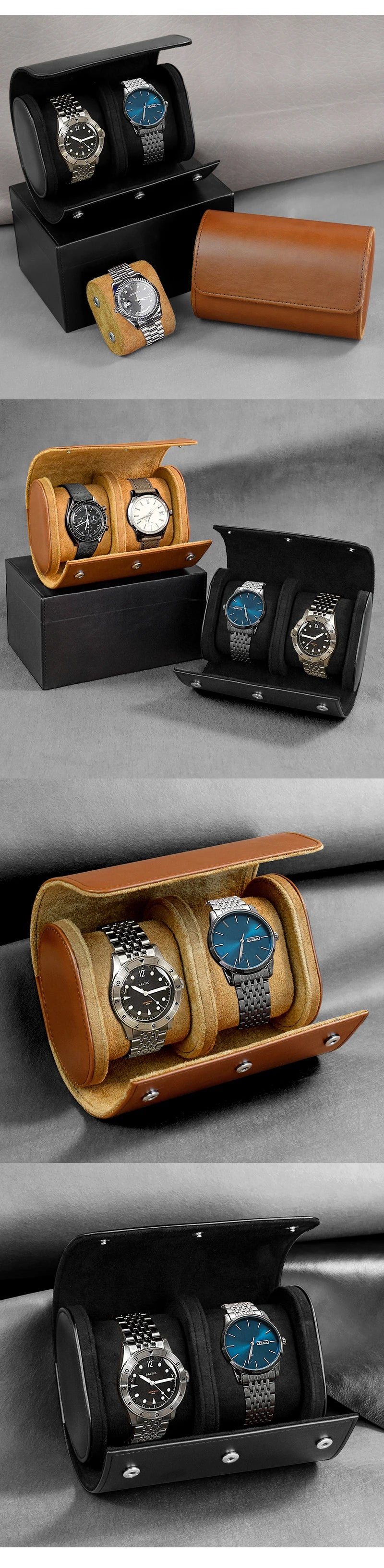 Étui Rouleau à Montres en Cuir Noir 1 à 3 Montres