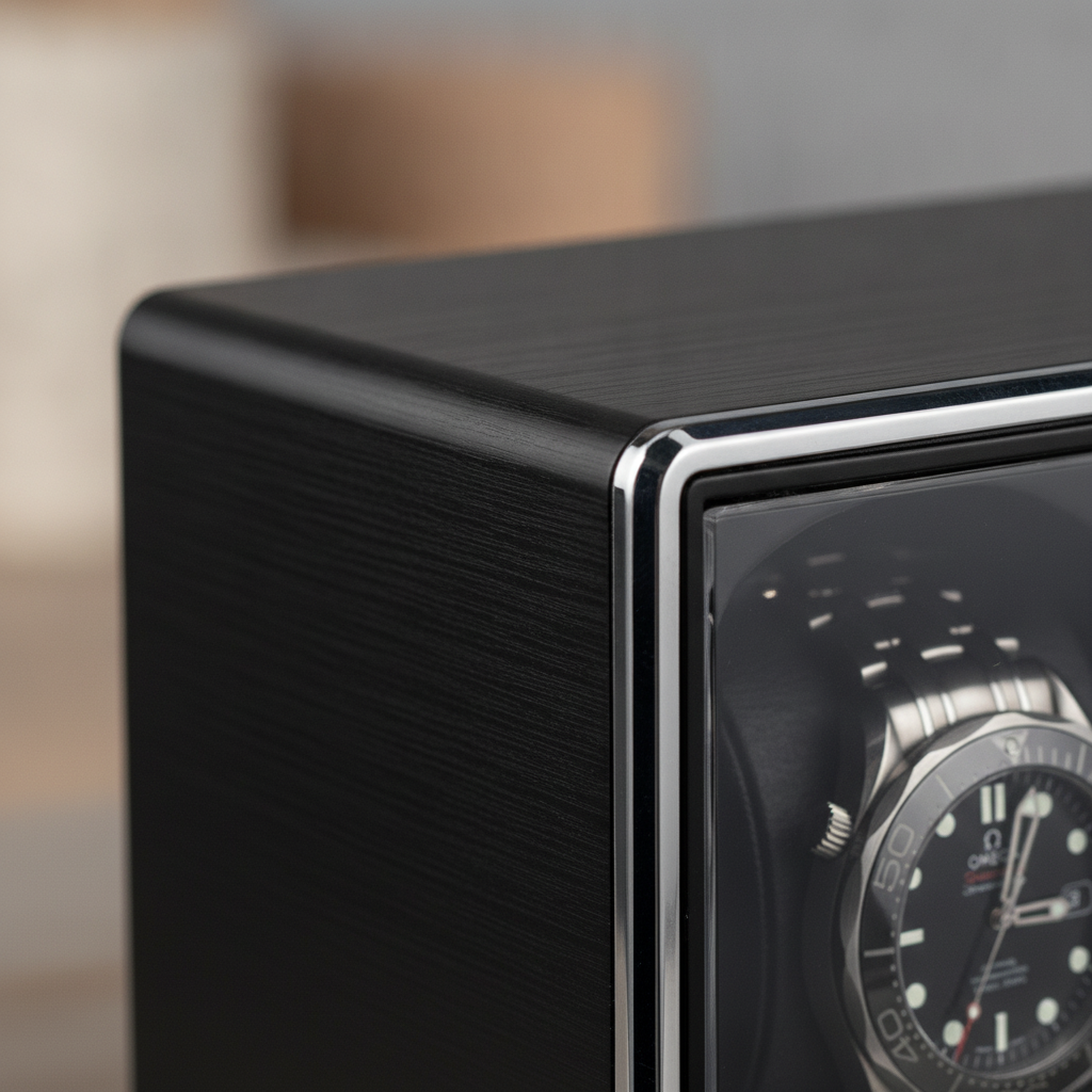 Boite remontoir brushed black metal   macro detail