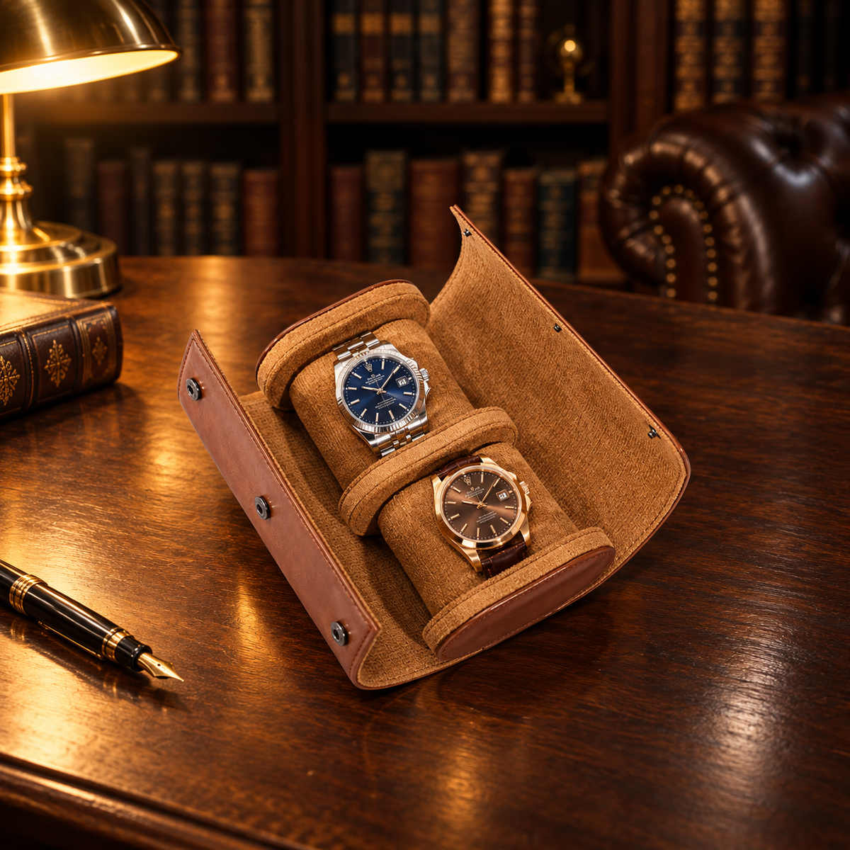 Étui à Montres en Cuir Marron 2 montres - bureau rempli