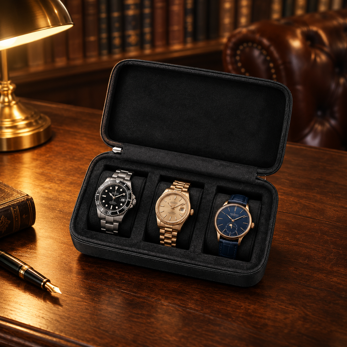 Étui de Voyage Montres Noir 3 montres - bureau rempli