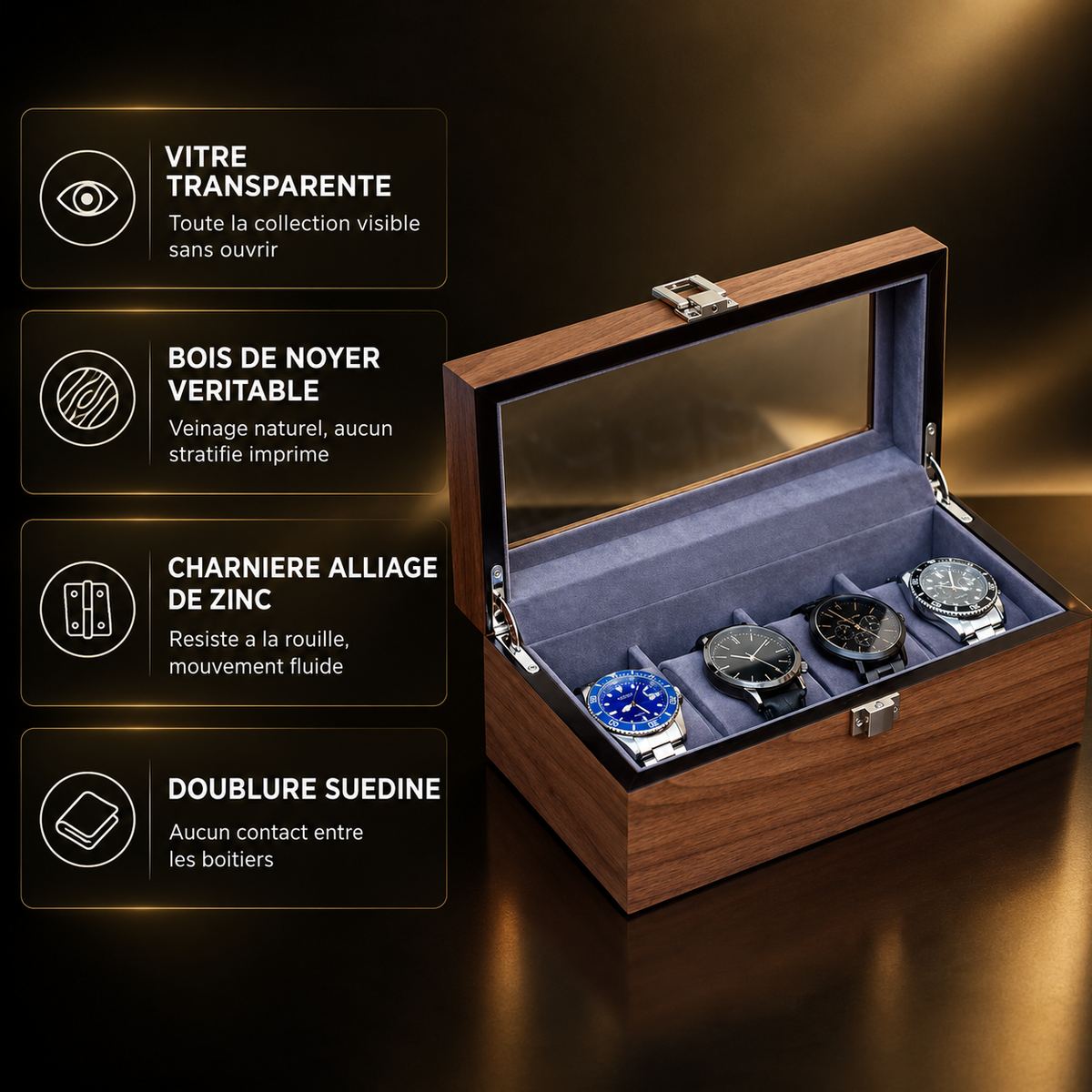 Boîte à Montres Bois vitrée - avantages produit