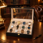 Boîte à montres en bambou noir 12 montres - bureau bibliothèque anglaise, boîte remplie