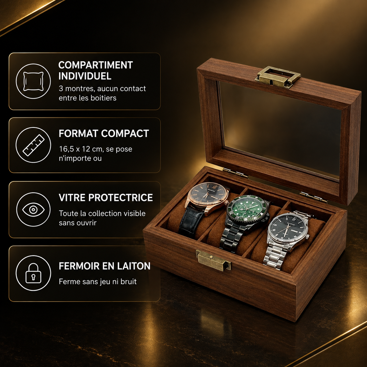Boîte à Montre Bois 3 Montres - avantages produit