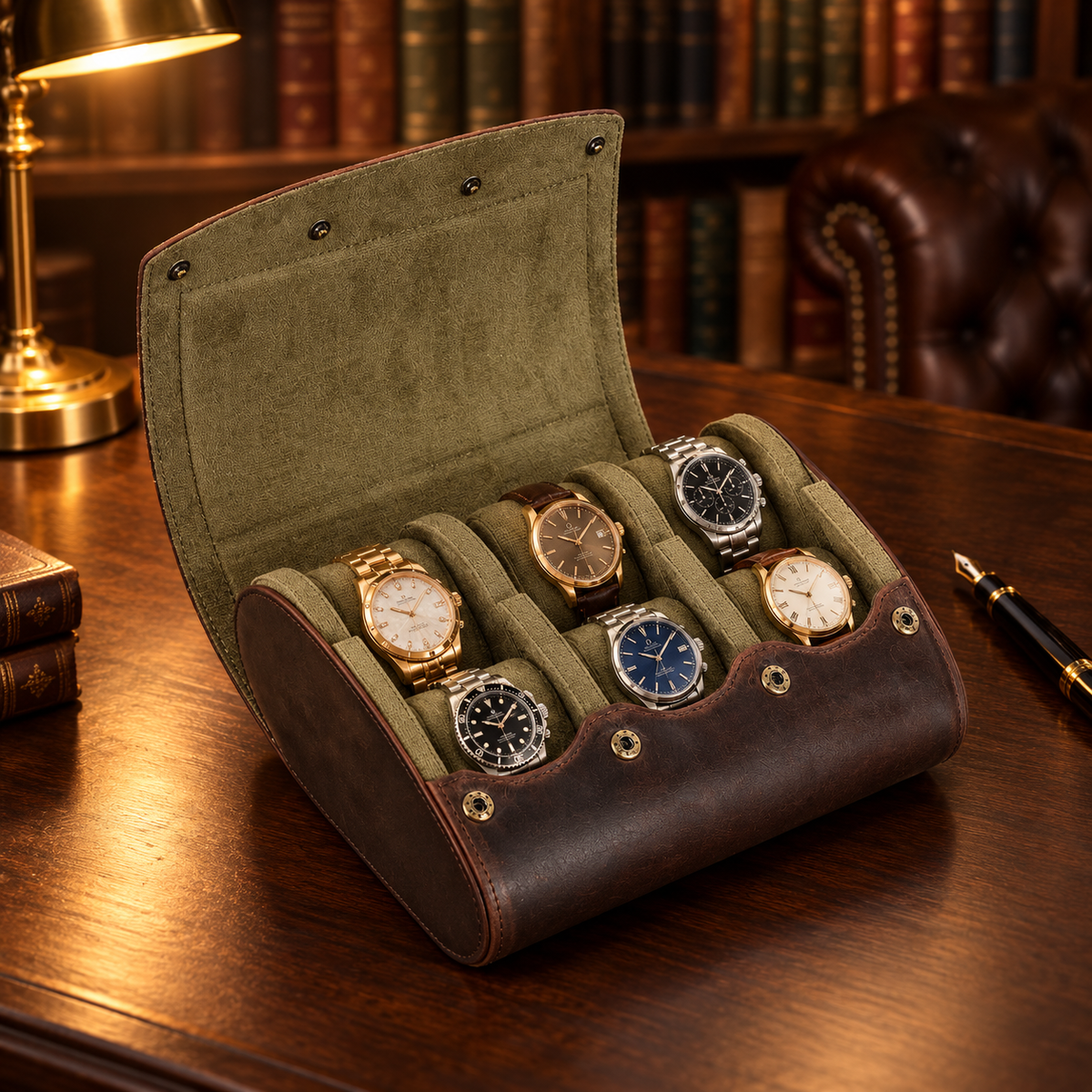 Étui Montre Voyage Cuir 6 montres - bureau rempli