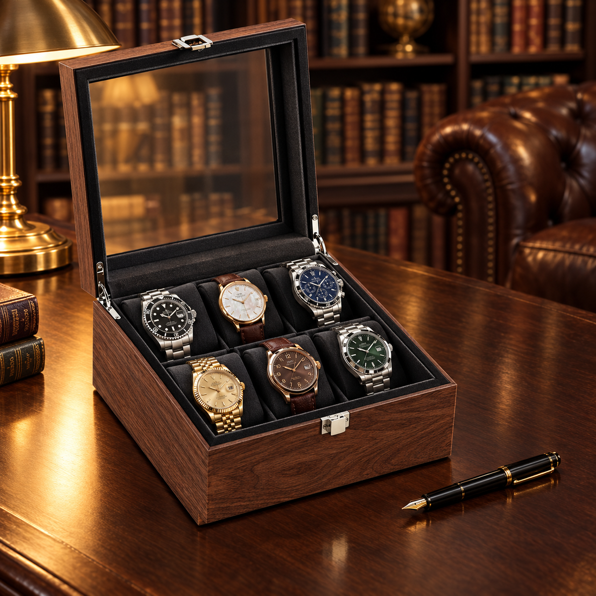 Boîte à Montres Bois vitrée 6 montres - bureau rempli