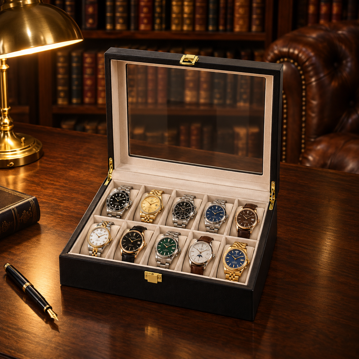 Boîte à montres en bambou noir 10 montres - bureau bibliothèque anglaise, boîte remplie