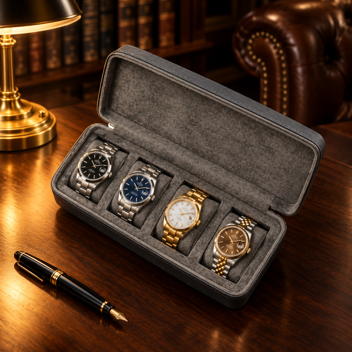 Étui de Voyage Montres Gris 4 montres - bureau bibliothèque anglaise, étui rempli