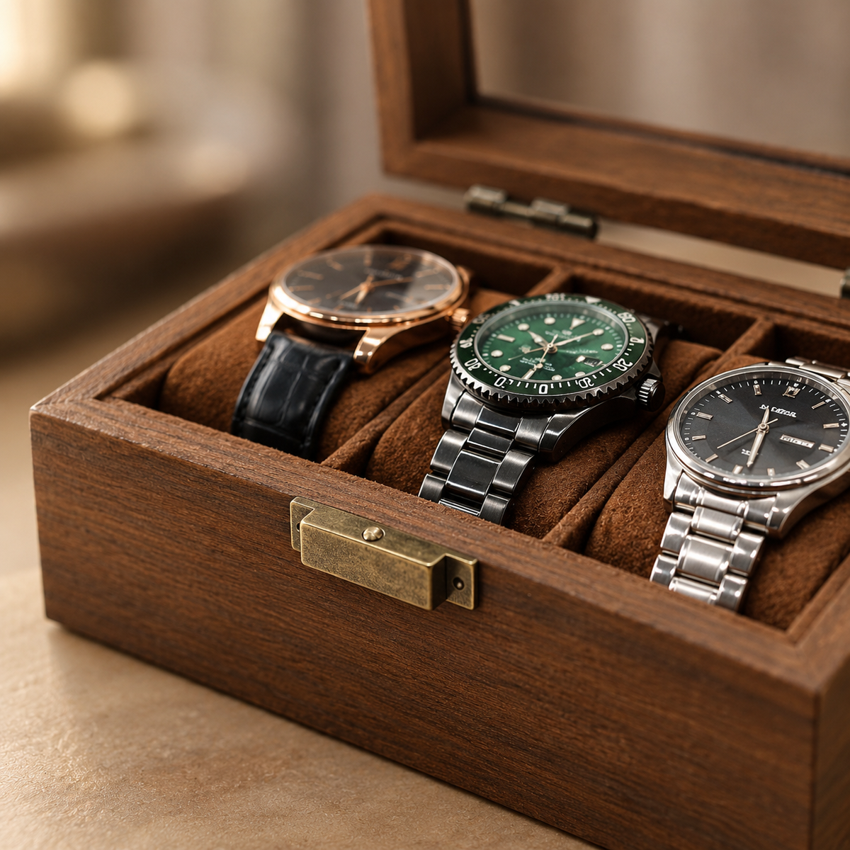 Boîte à Montre Bois 3 Montres - détail bois et fermoir