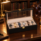 Boite a Montre Noir Blanc hero remplie montres de luxe