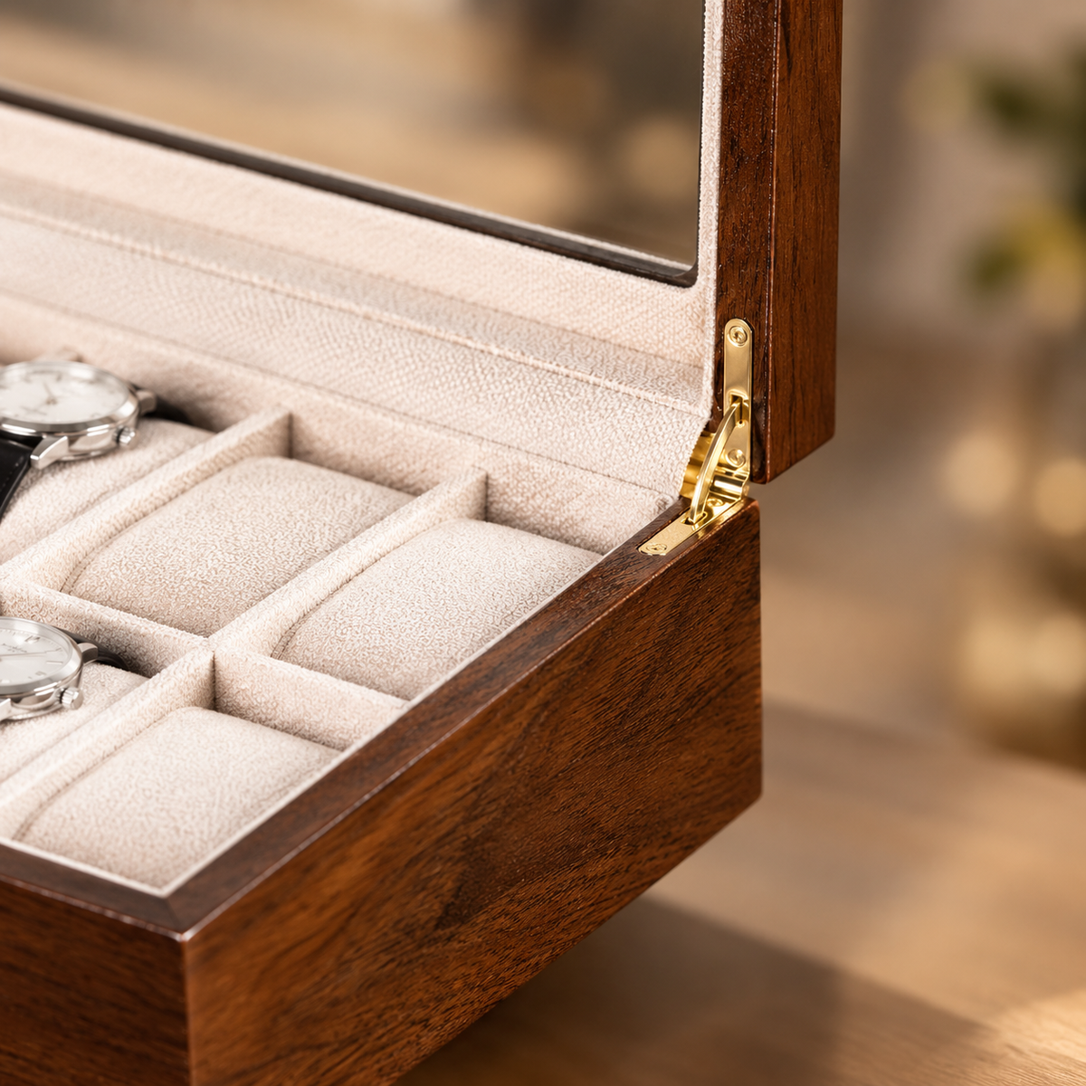 Boîte à montres en bambou noyer 10 montres - détail charnière et bois