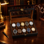 Boîte à montres en bambou brun foncé 10 montres - bureau bibliothèque anglaise, boîte remplie