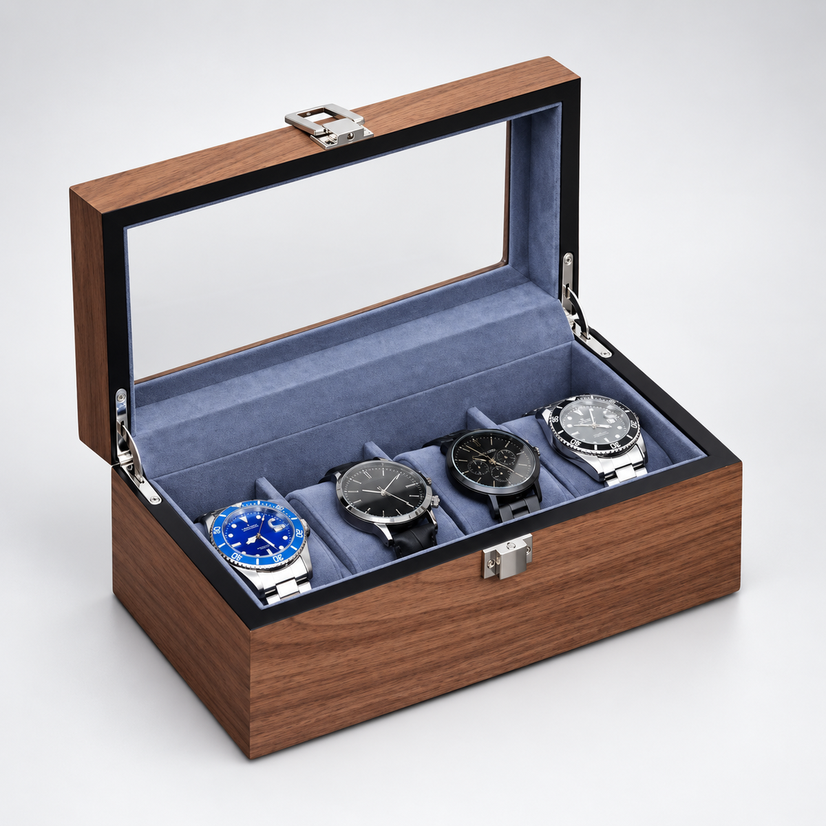 Boîte à Montres Bois vitrée 4 montres - packshot studio