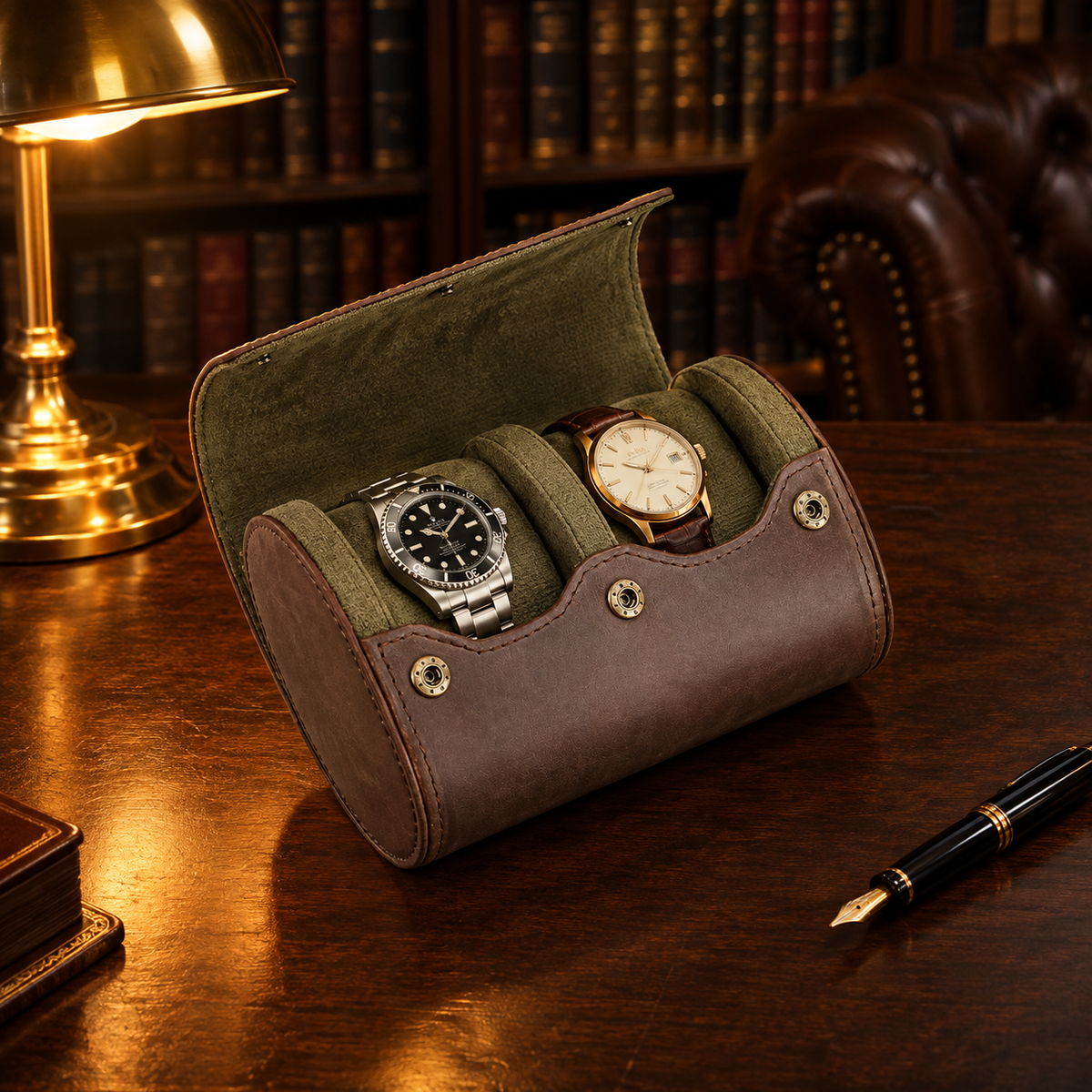 Étui Montre Voyage Cuir 2 montres - bureau bibliothèque anglaise, étui rempli