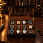 Boîte à montres en bambou brun foncé 12 montres - bureau bibliothèque anglaise, boîte remplie