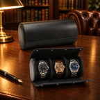 Étui Rouleau à Montres en Cuir Noir 3 montres - bureau bibliothèque anglaise, étui rempli