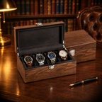 Boîte à Montre en Bois de Noyer Couvercle Bois 4 montres - bureau bibliothèque anglaise, boîte remplie