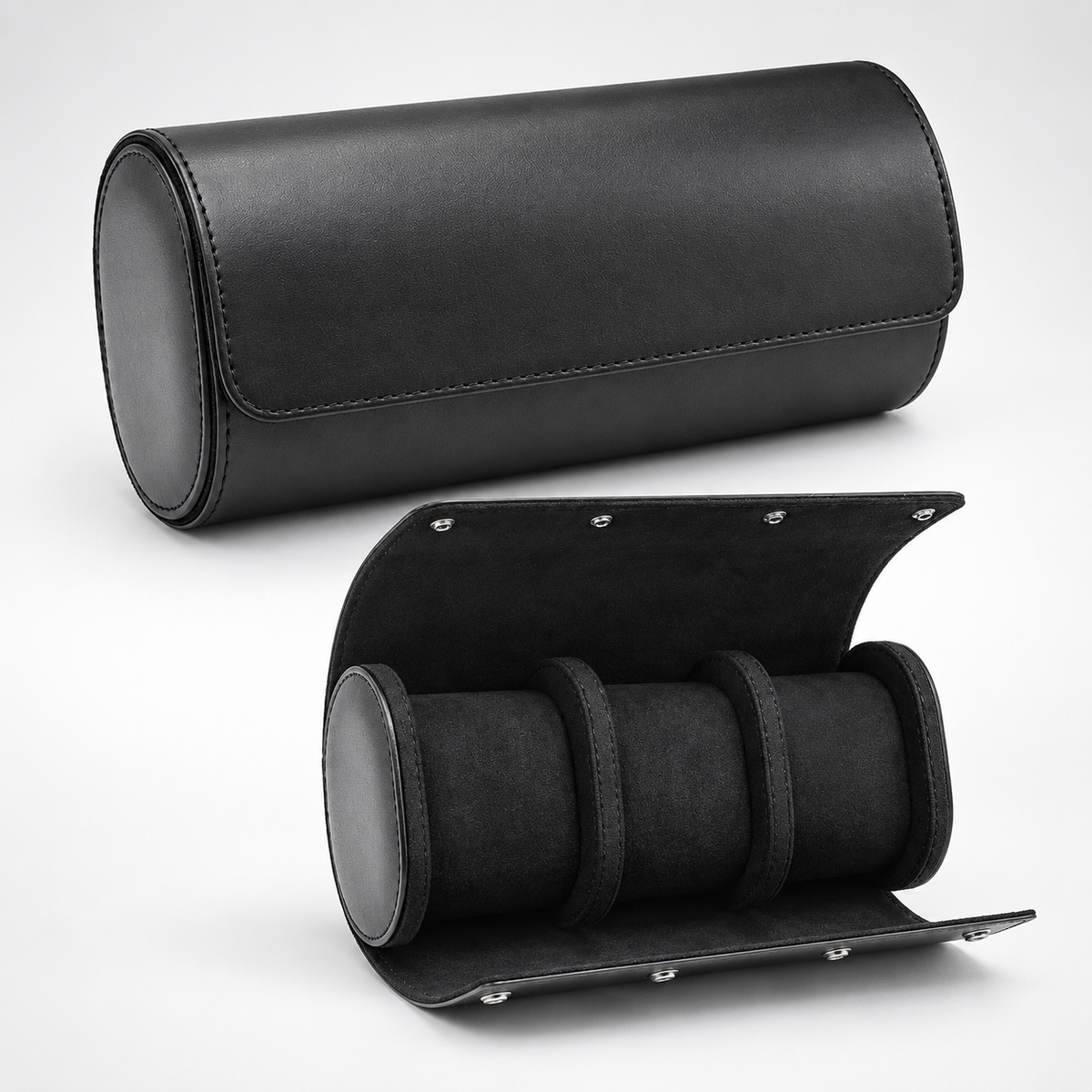 Étui Rouleau à Montres en Cuir Noir 3 montres - packshot studio