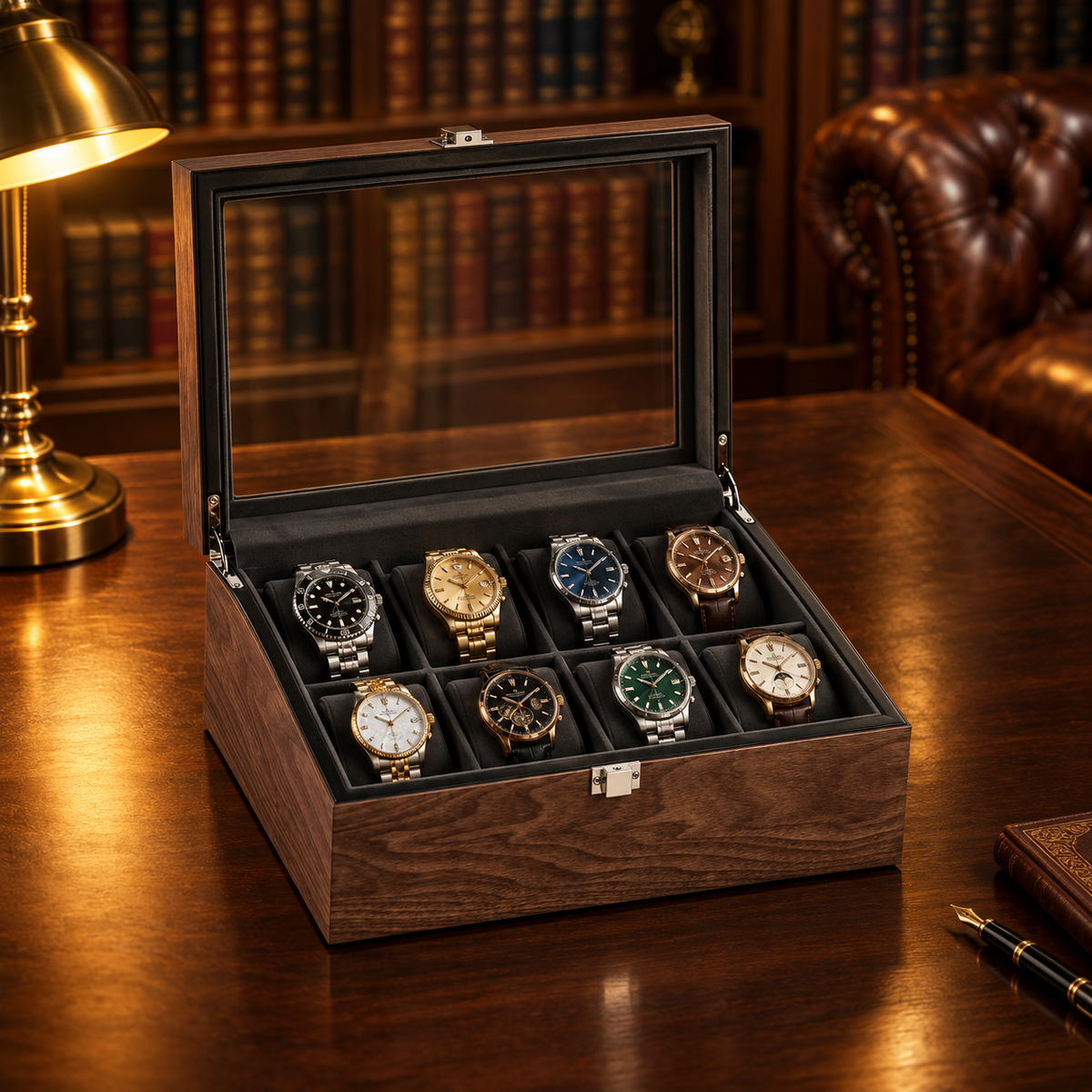 Boîte à Montres Bois vitrée 8 montres - bureau rempli