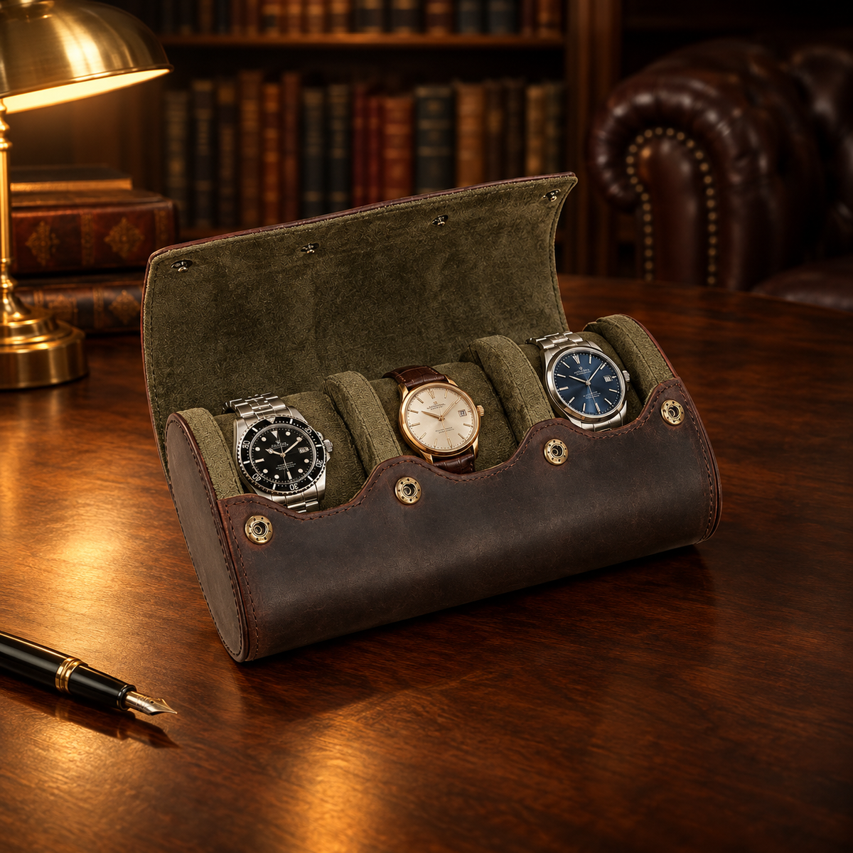 Étui Montre Voyage Cuir 3 montres - bureau rempli
