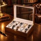 Boîte à montres en bambou noyer 10 montres - bureau bibliothèque anglaise, boîte remplie