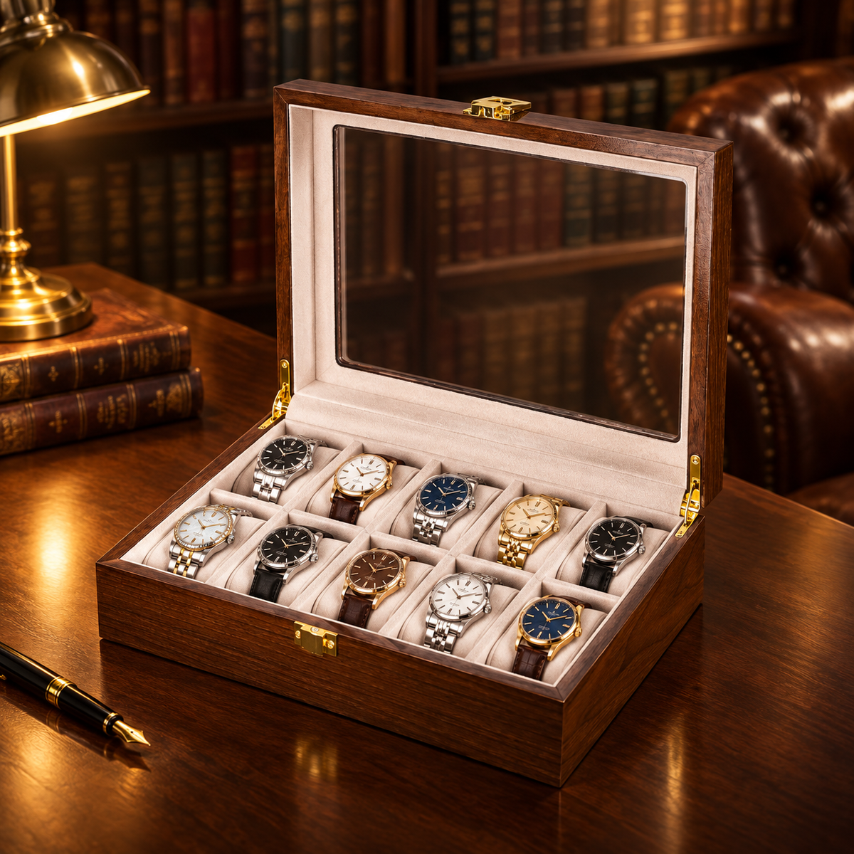 Boîte à montres en bambou noyer 10 montres - bureau bibliothèque anglaise, boîte remplie