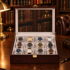 Boîte à montres en bambou noyer 12 montres - bureau bibliothèque anglaise, boîte remplie