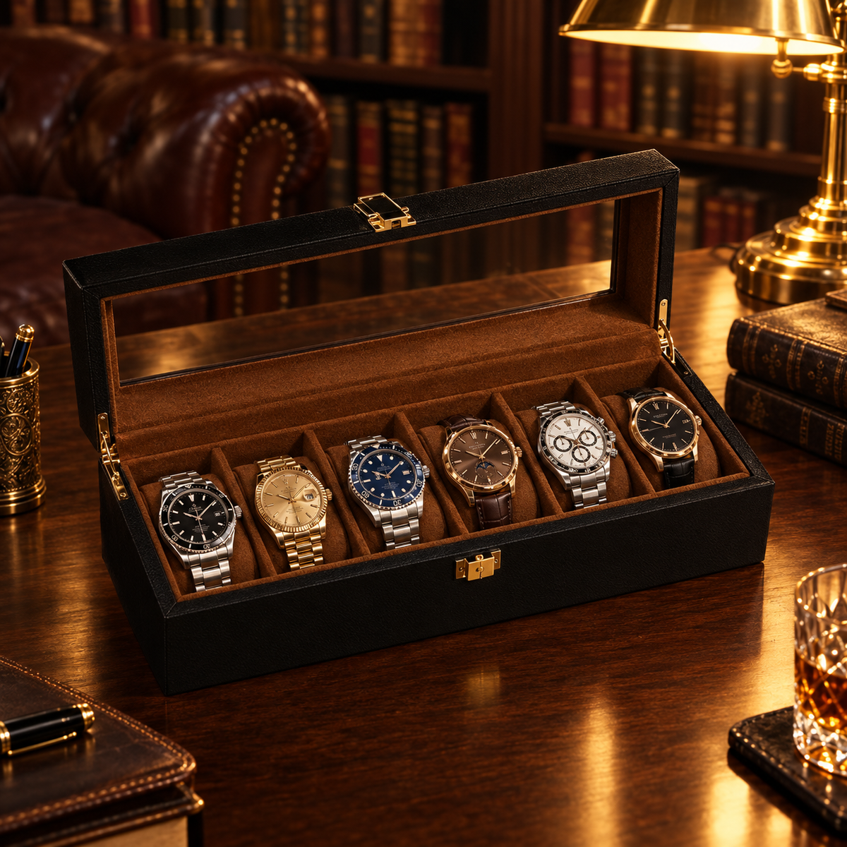 Boite a Montre Noir Marron hero remplie montres de luxe