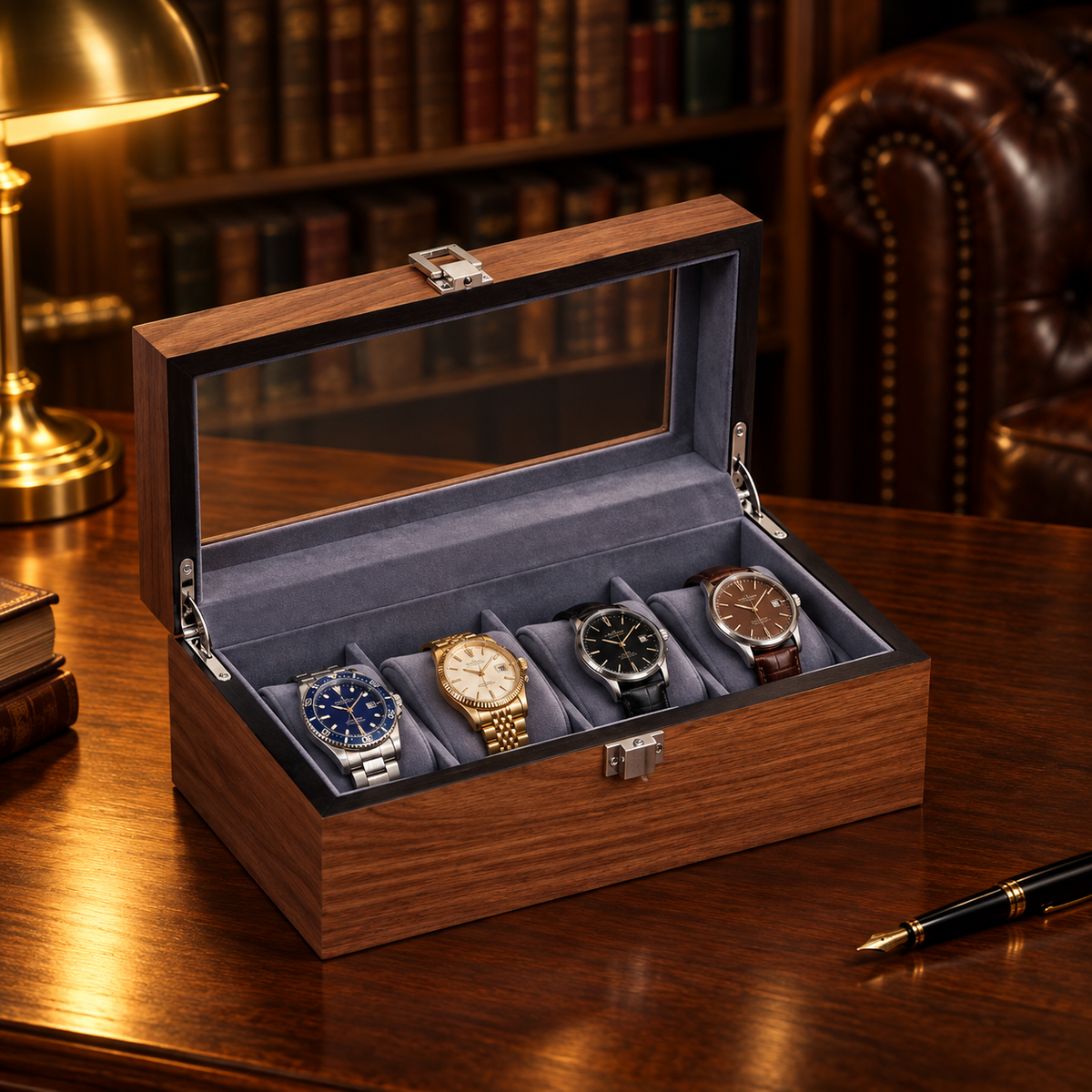 Boîte à Montres Bois vitrée 4 montres - bureau bibliothèque anglaise, boîte remplie