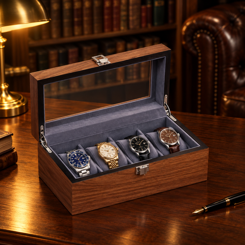 Boîte à Montres Bois vitrée 4 montres - bureau bibliothèque anglaise, boîte remplie