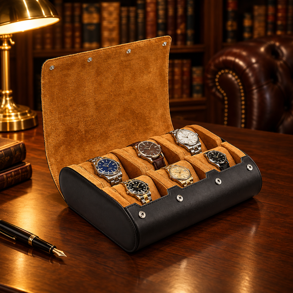 Étui à Montres Cuir 6 montres - bureau bibliothèque anglaise, étui rempli