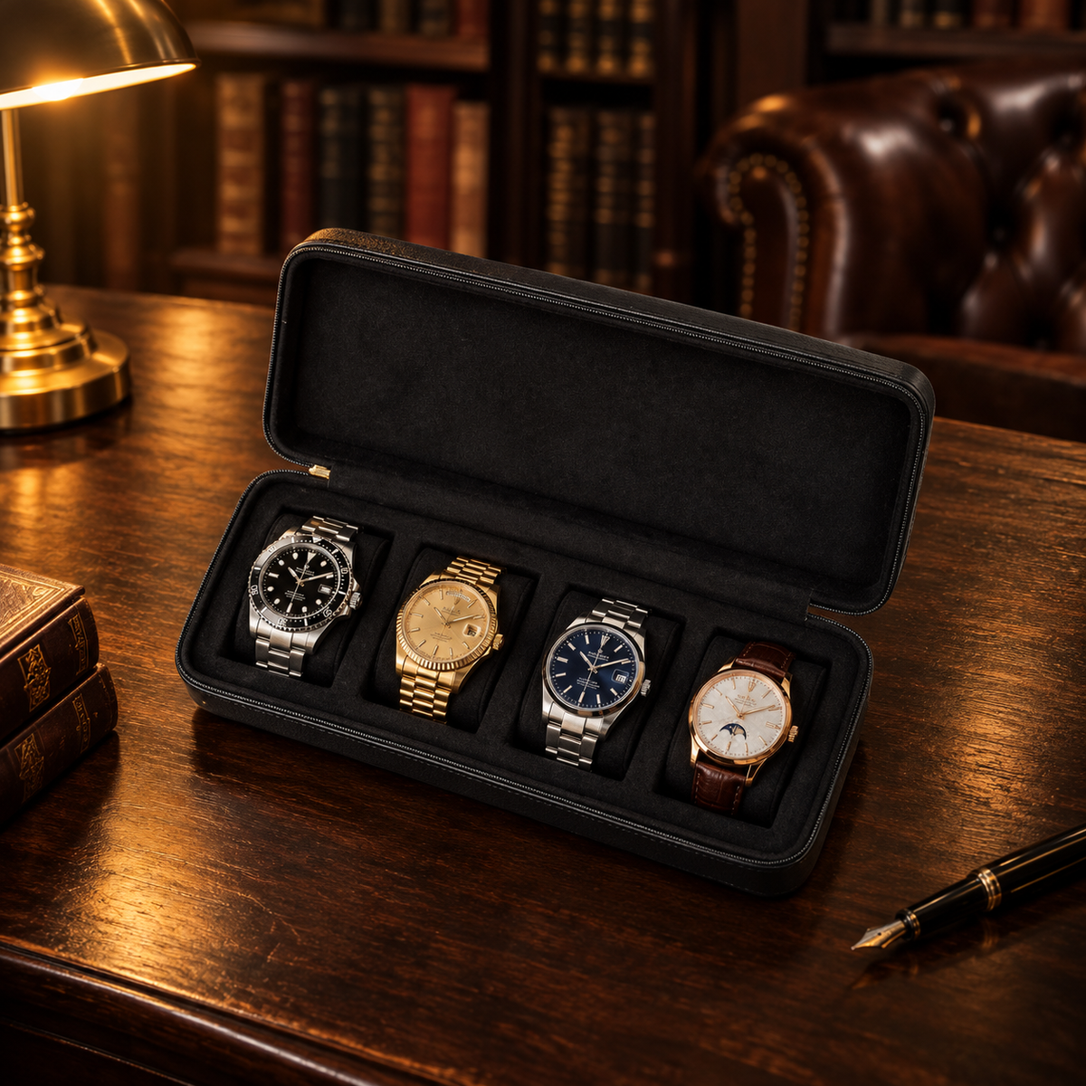 Étui de Voyage Montres Noir 4 montres - bureau bibliothèque anglaise, étui rempli