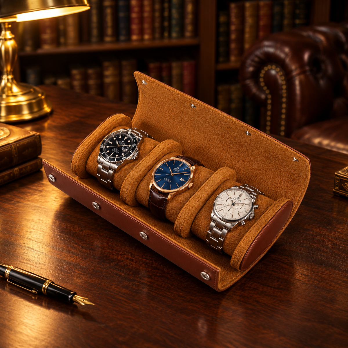 Étui à Montres en Cuir Marron 3 montres - bureau bibliothèque anglaise, étui rempli