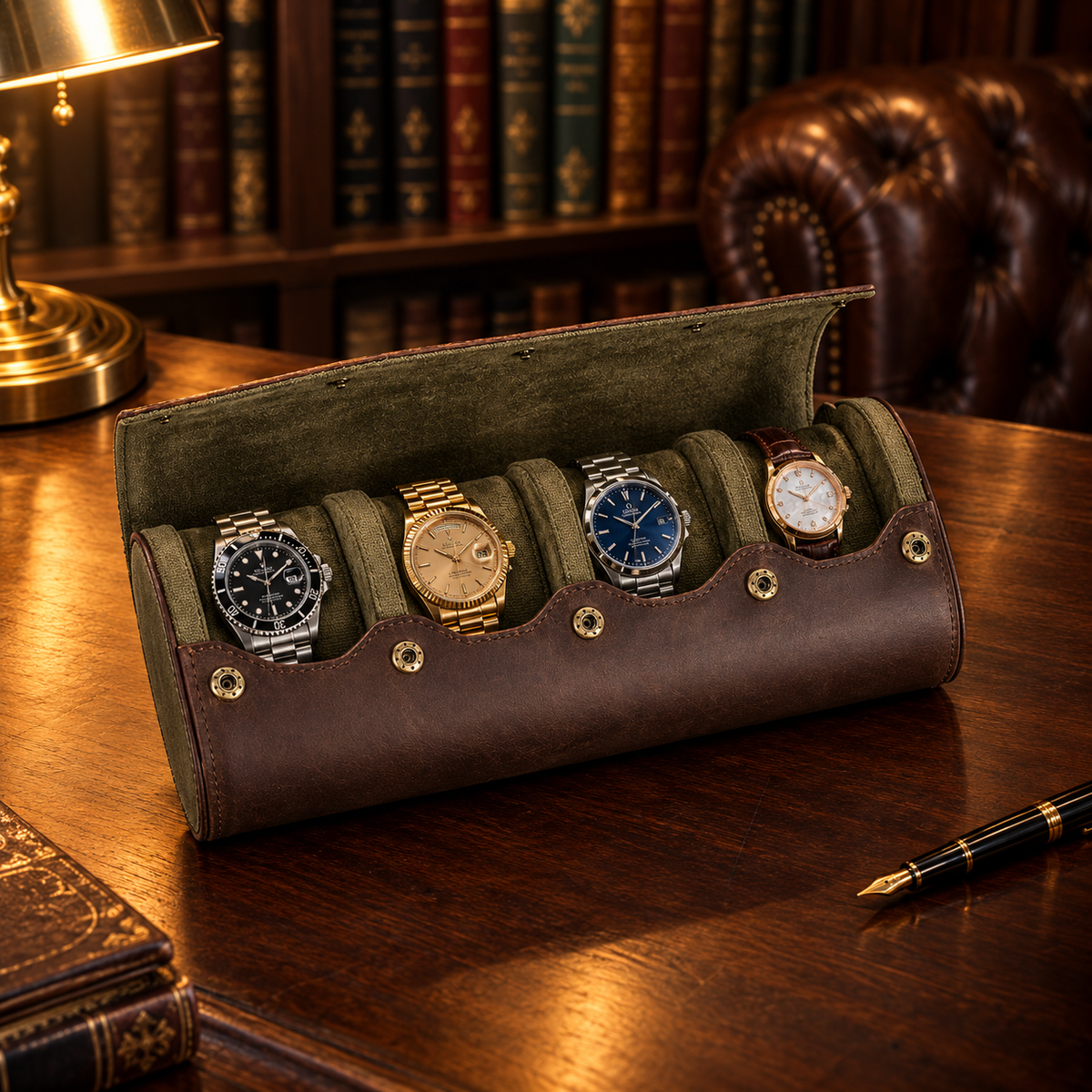 Étui Montre Voyage Cuir 4 montres - bureau rempli