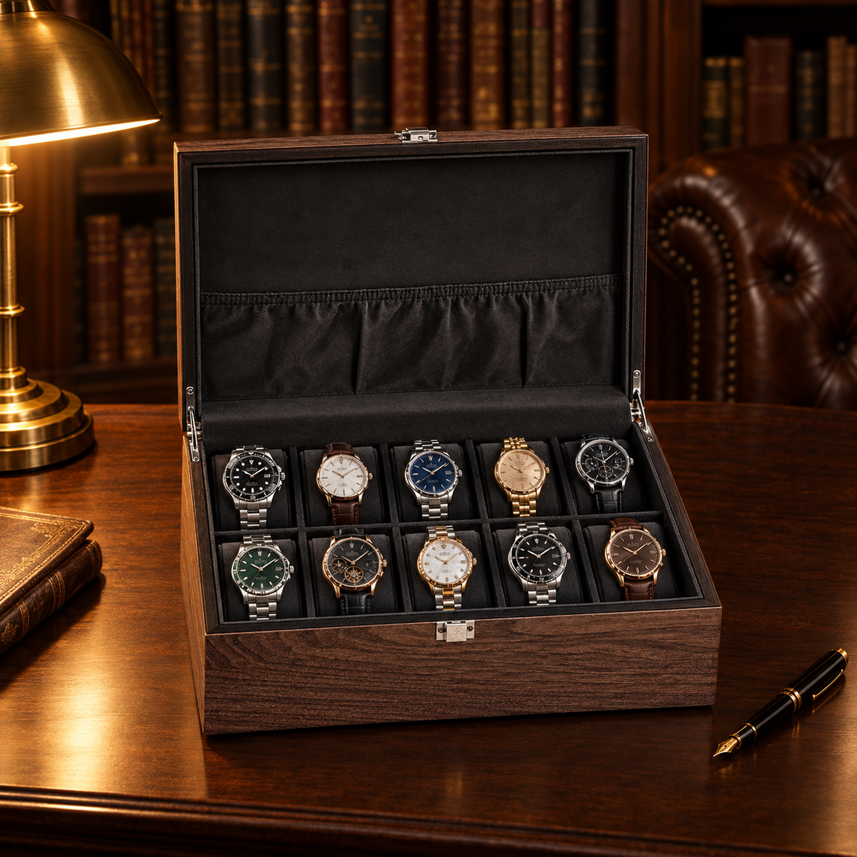 Boîte à Montre en Bois de Noyer 10 montres - bureau rempli